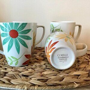 Corelle Coordinates HAPPY DAYS Porcelain 12oz. Mugs Set of 4 Whimsical Boho EUC